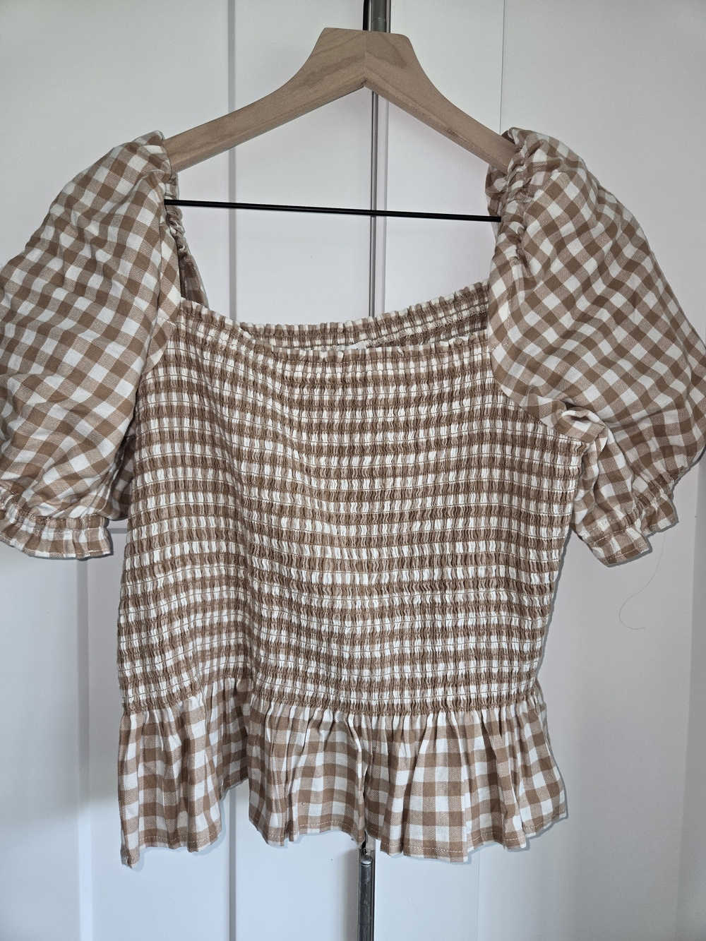 J. Crew Tan and White Gingham Smocked Puff Sleeve Top